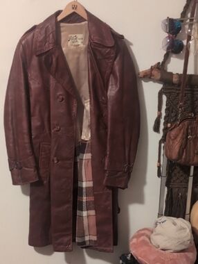Vintage Tartan And Brown Leather Trench Coat